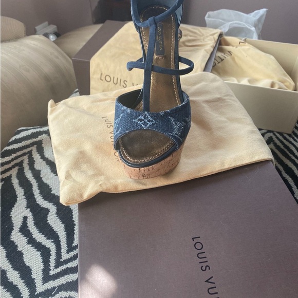 Louis Vuitton Blue Denim Monogram cork wedges Platform Sandals - Picture 3 of 8